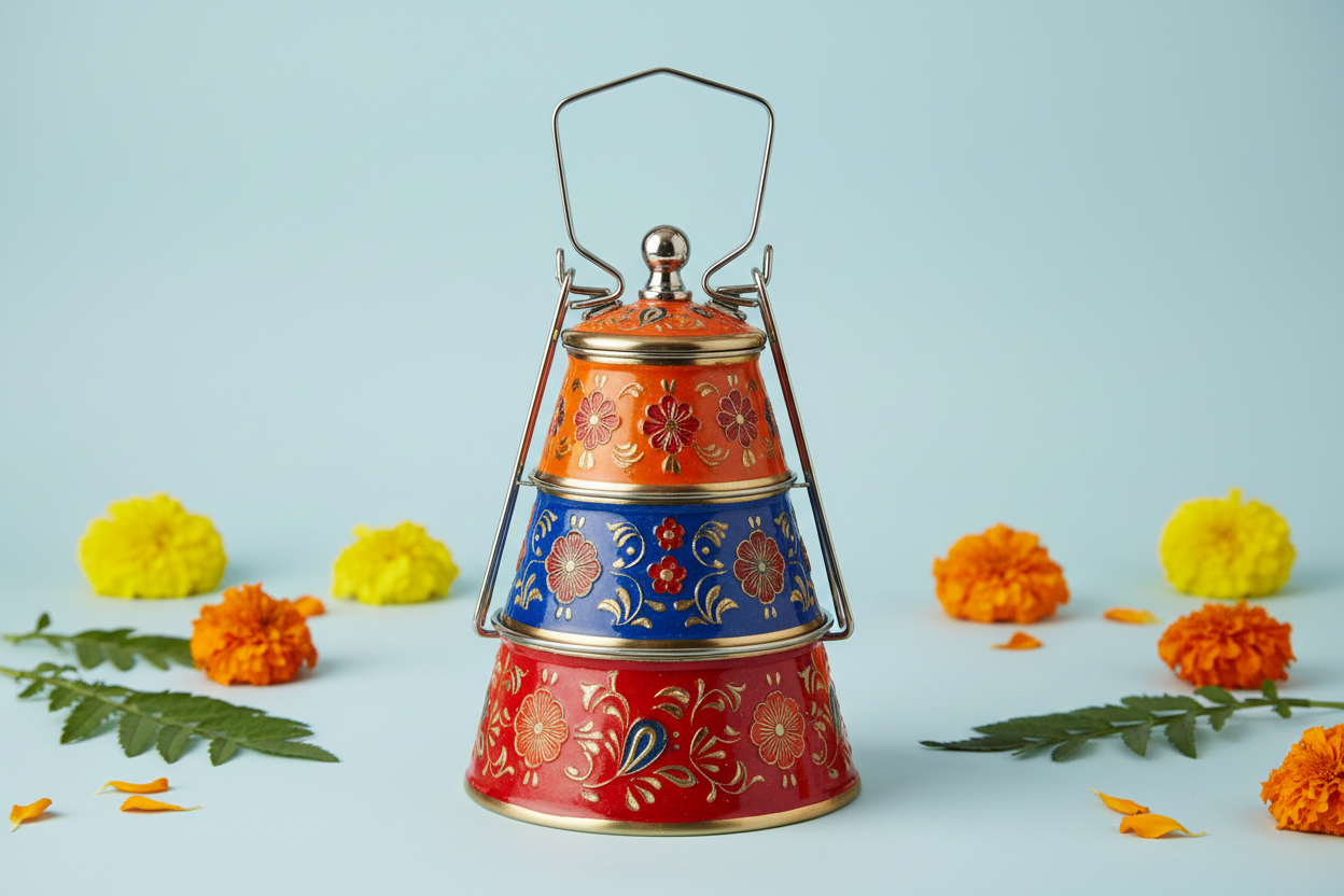 3‑Tier Orange Floral Printed Stainless Steel Tiffin Carrier Return Gifts at TheReturnGifts.com: Pretty Lunch Boxes Your Guests Will Actually Use