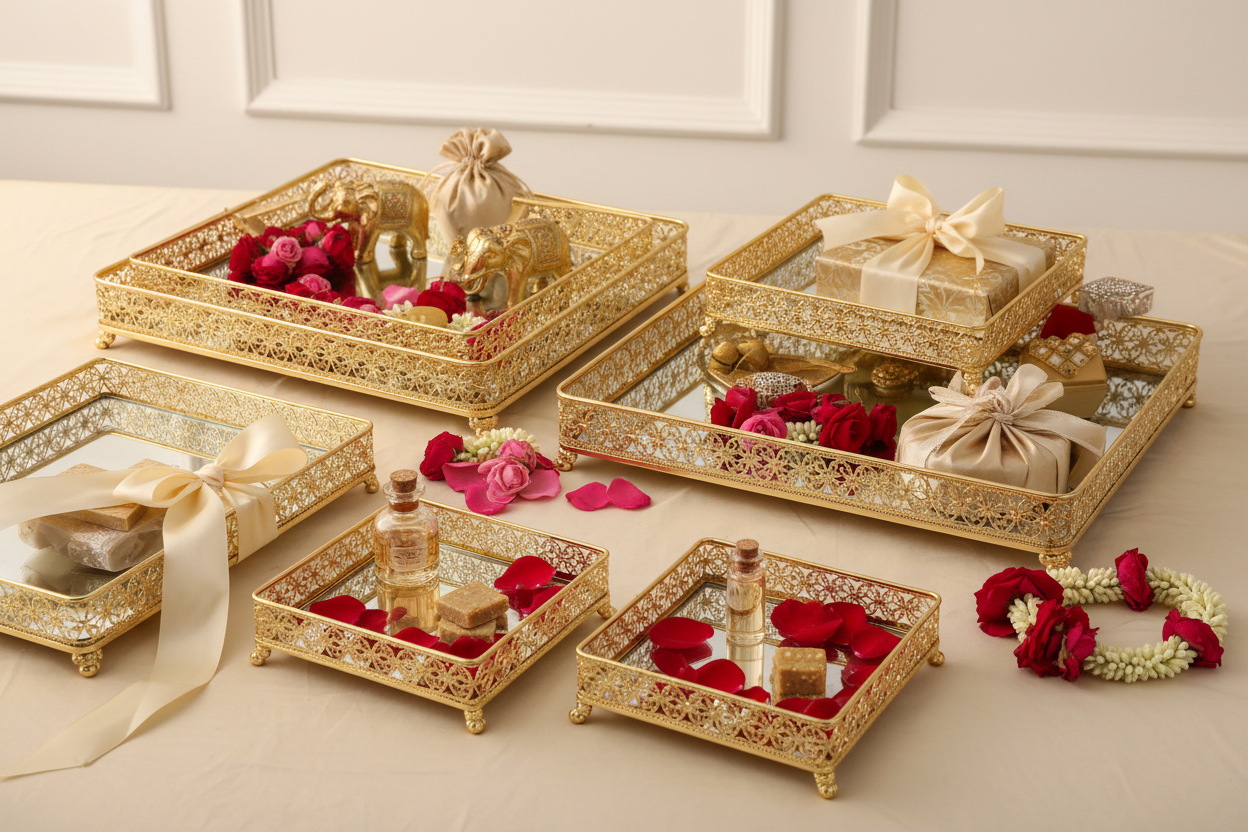 Gold Cutwork Square Trays for Wedding Hampers and Engagement Return Gifts