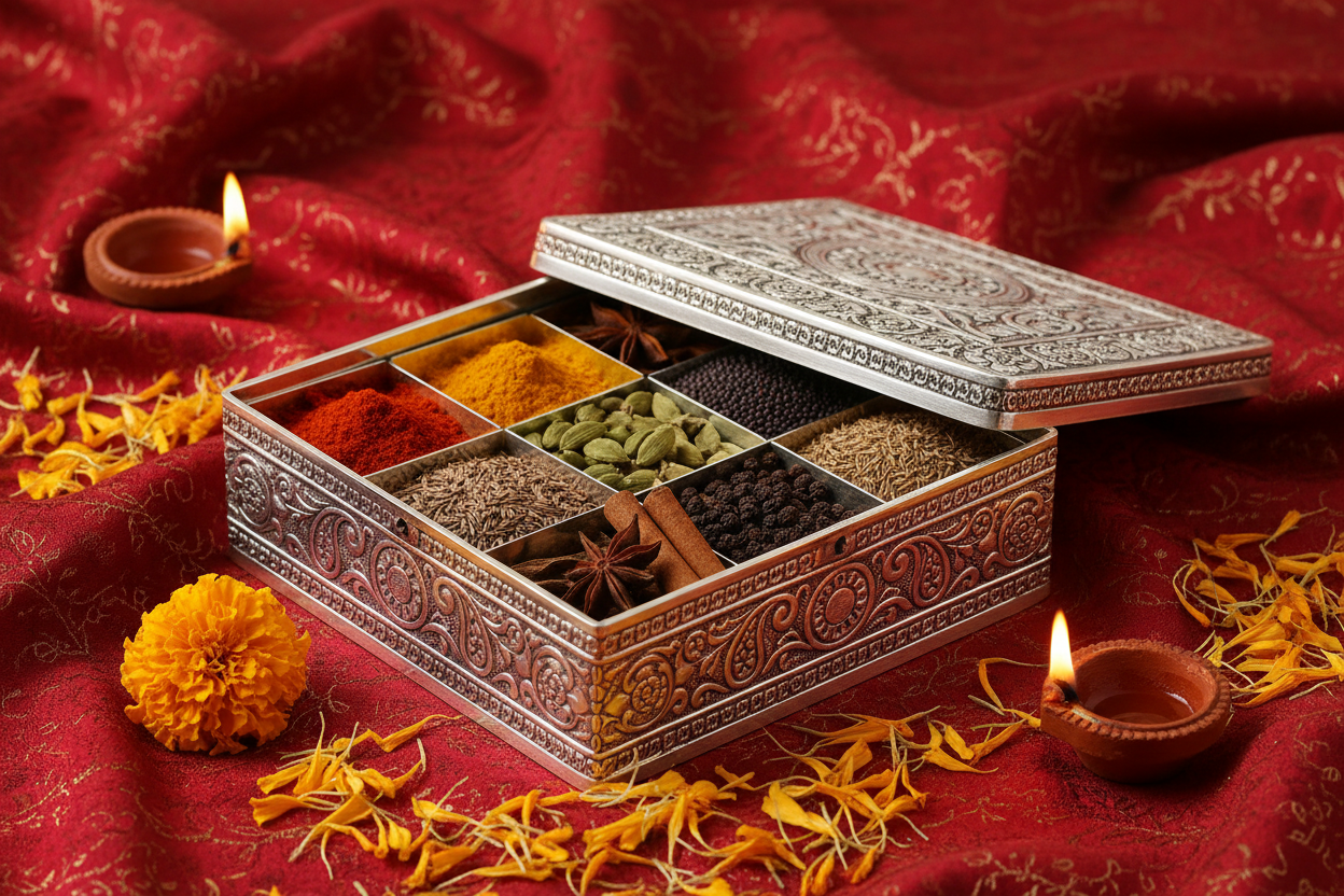 German Silver Square Spicebox Return Gifts at TheReturnGifts.com: Stylish Masala Organiser with a Festive Shine