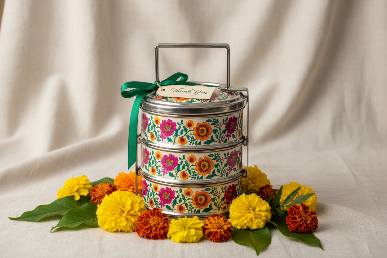 3‑Tier Floral Printed Stainless Steel Tiffin Carrier Return Gifts at TheReturnGifts.com: Useful, Eco‑Friendly and Beautifully Gift‑Ready