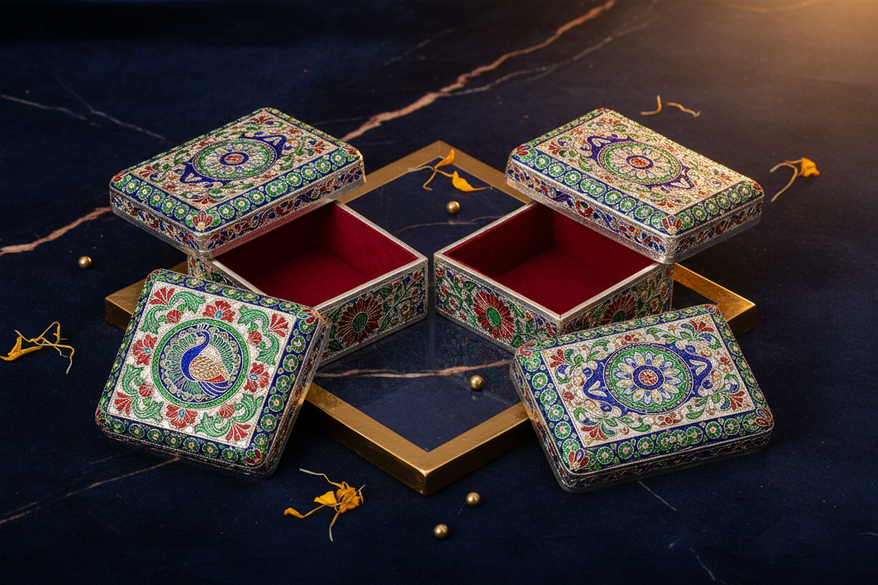 4" Meenakari German Silver Box Return Gifts at TheReturnGifts.com: Tiny Boxes, Big Royal Statement