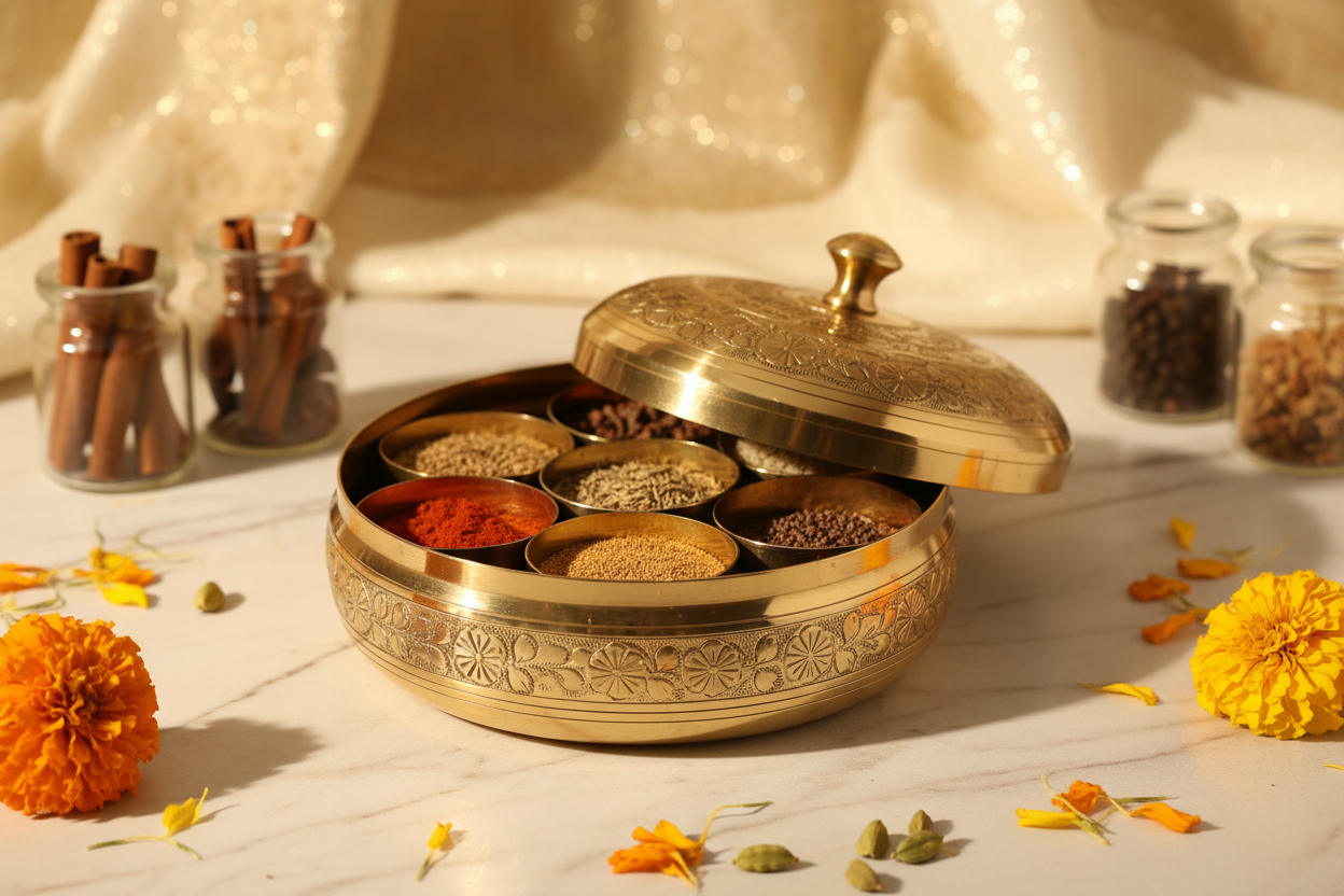 6" Brass Spicebox Return Gifts at TheReturnGifts.com: Compact Anjarai Petti with Everyday Use