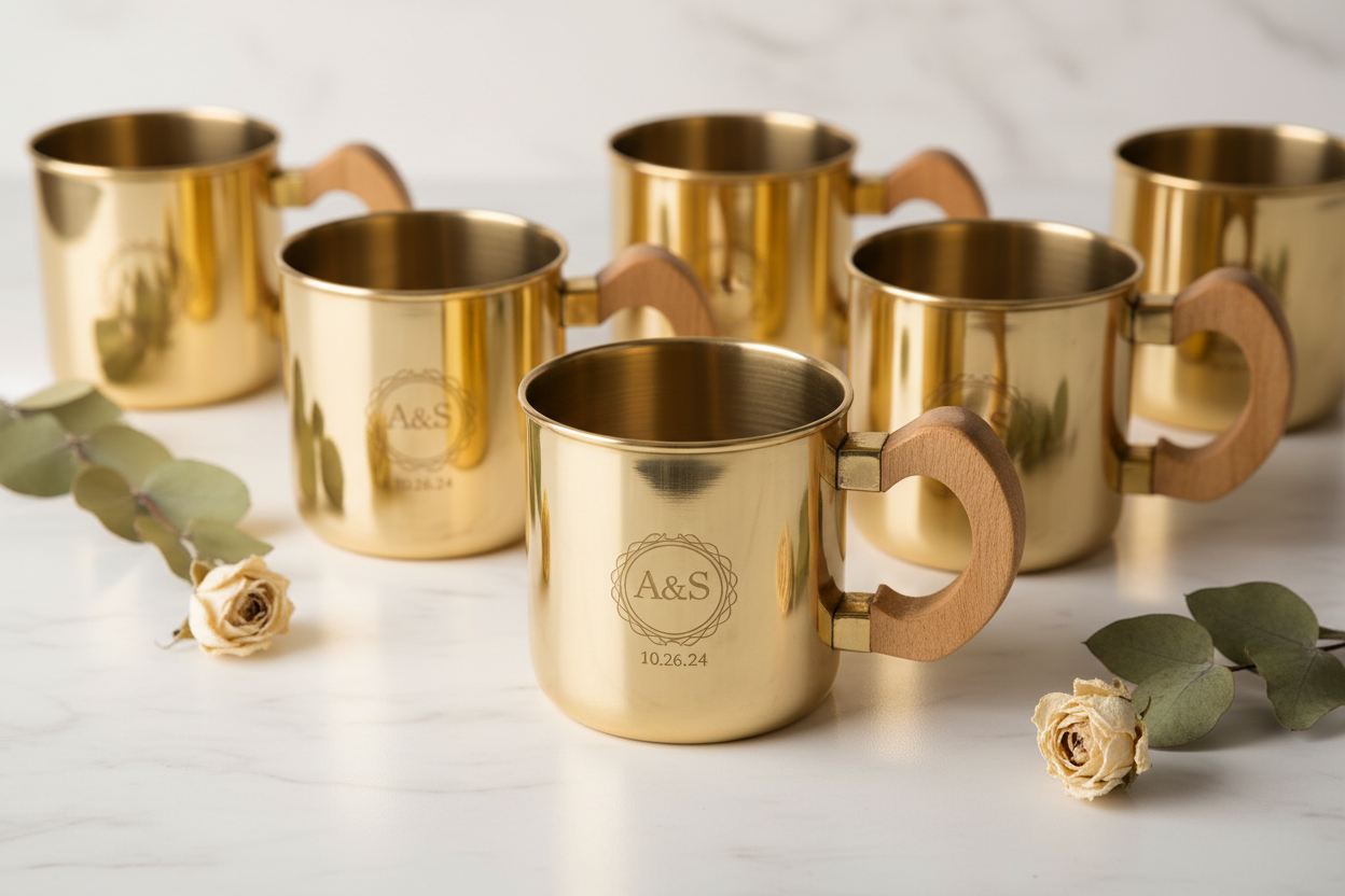 Brass Mug with Wooden Handle Return Gifts at TheReturnGifts.com: Royal Metal with a Warm, Modern Touch