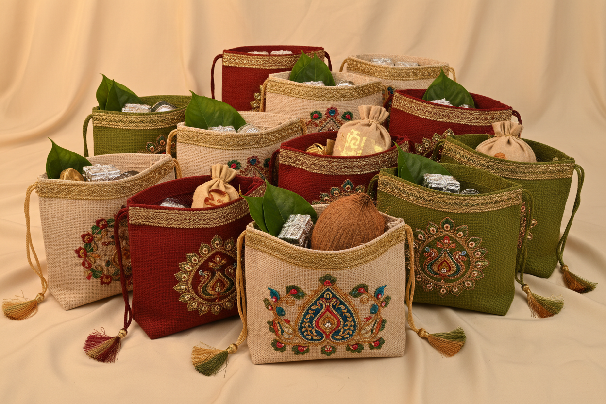 Dual Colour Jute Thamboolam Bag Return Gifts at TheReturnGifts.com: Carry Your Traditions in Style, Sustainably