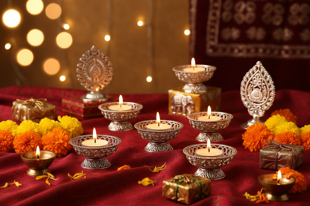 German Silver T-Light Holder Return Gifts at TheReturnGifts.com: Small Size, Big Festival Vibe