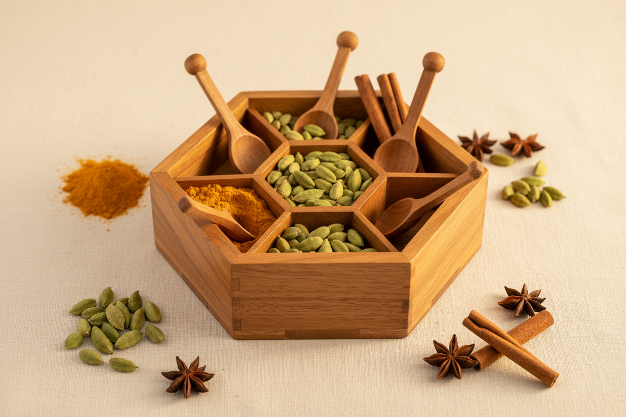 Hexagon Wooden Spice Box Return Gifts at TheReturnGifts.com: Stylish Shape, Everyday Kitchen Use