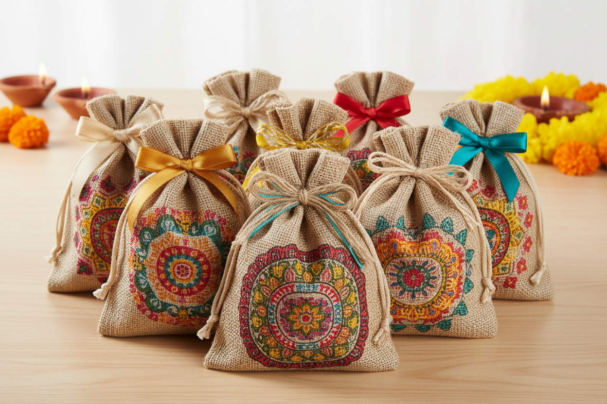 Jute Bags with Rangoli Print Return Gifts at TheReturnGifts.com: Eco‑Friendly Favors with a Traditional Touch
