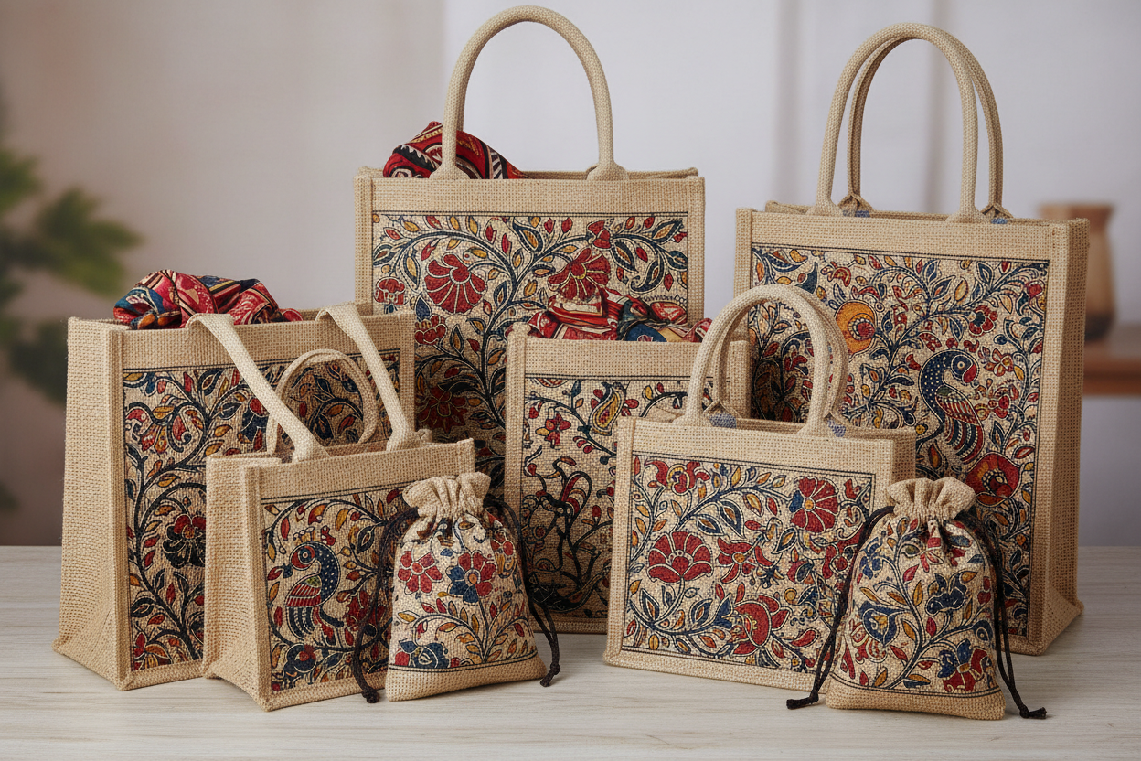Kalamkari Jute Bags Return Gifts at TheReturnGifts.com: Traditional Art Meets Everyday Utility
