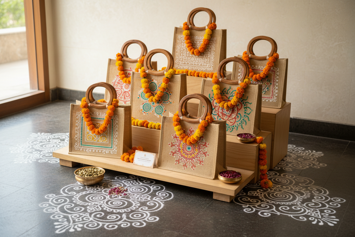 Kolam Jute Bag with Wooden Handle Return Gifts at TheReturnGifts.com: Eco‑Friendly Favors with a Traditional South Indian Soul