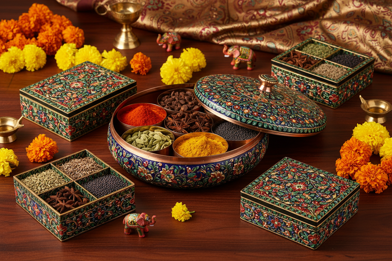 Meenakari Spice Box Return Gifts at TheReturnGifts.com: Traditional Art with Everyday Kitchen Use
