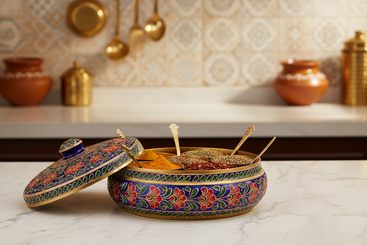 Meenakari Spice Box: Traditional Masala Dabba for Elegant Indian Kitchens & Return Gifts