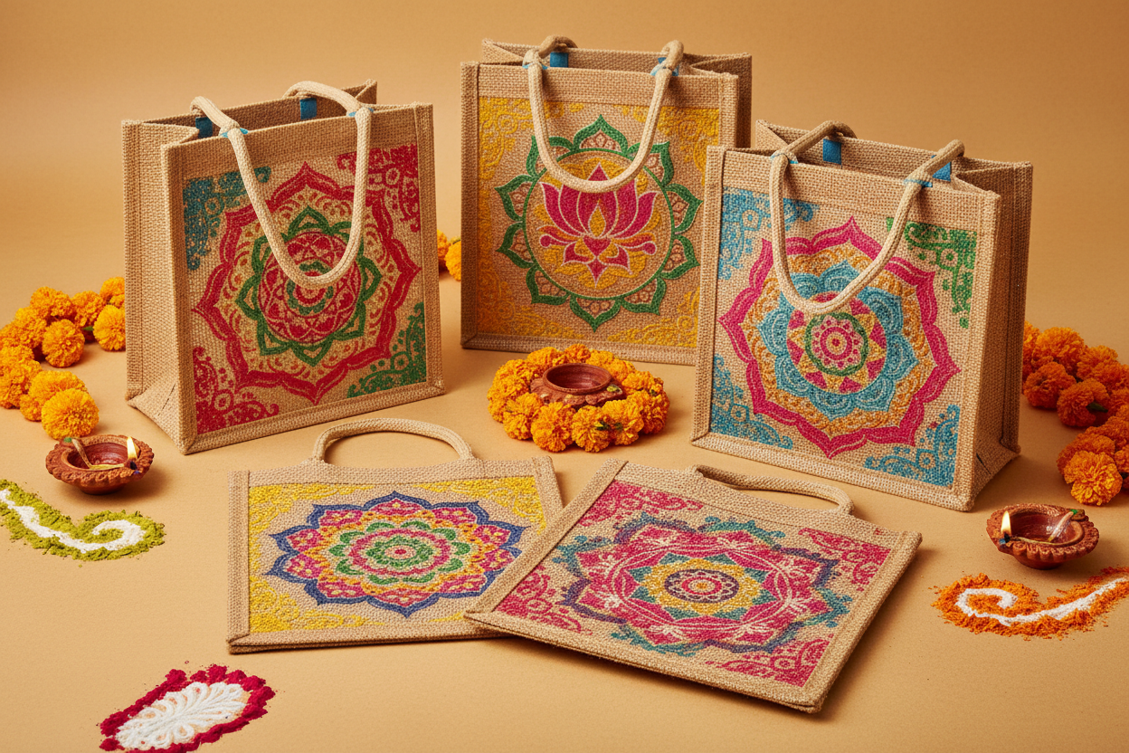 Multi Colour Jute Bags with Rangoli Print Return Gifts at TheReturnGifts.com: Colourful, Eco‑Friendly Favors for Every Traditional Function