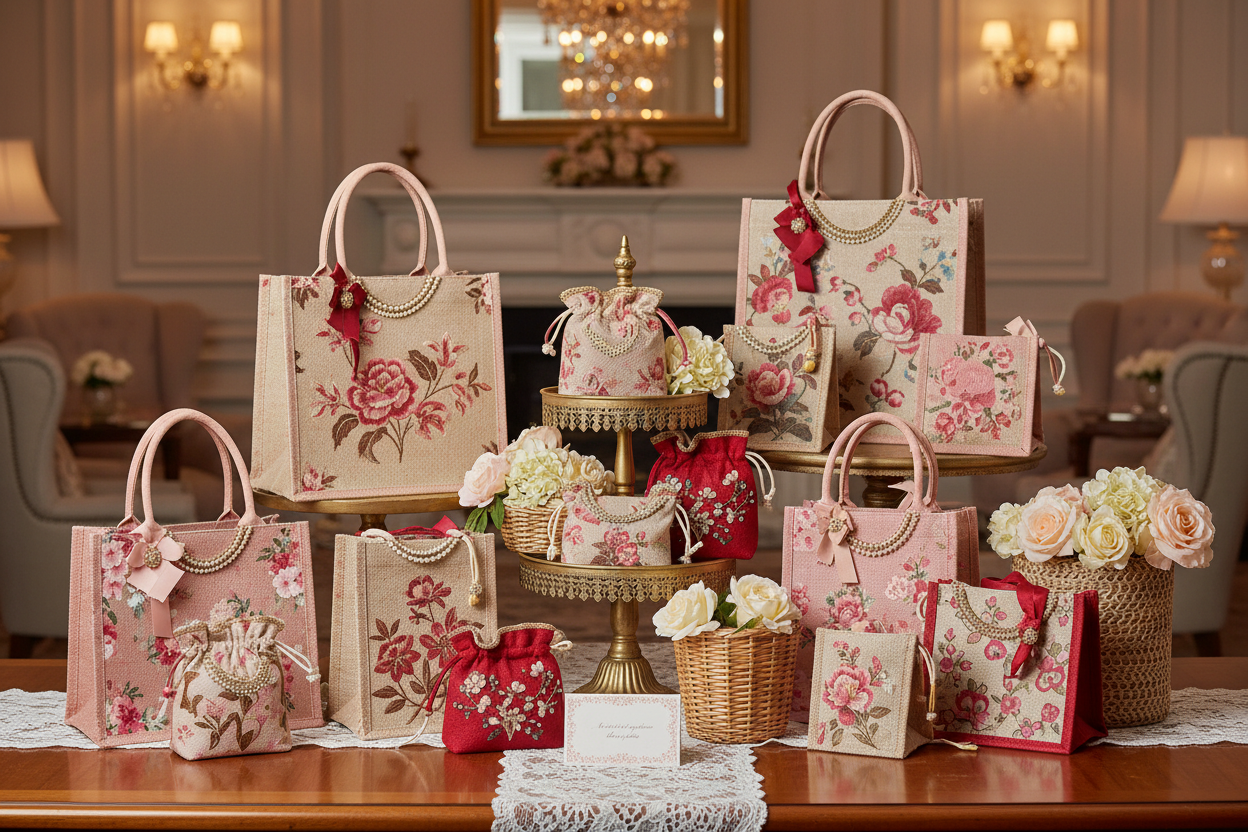 Pink, Red and Cream Floral Jute Bags: Colour‑Themed Return Gifts for Ladies Kitty Parties