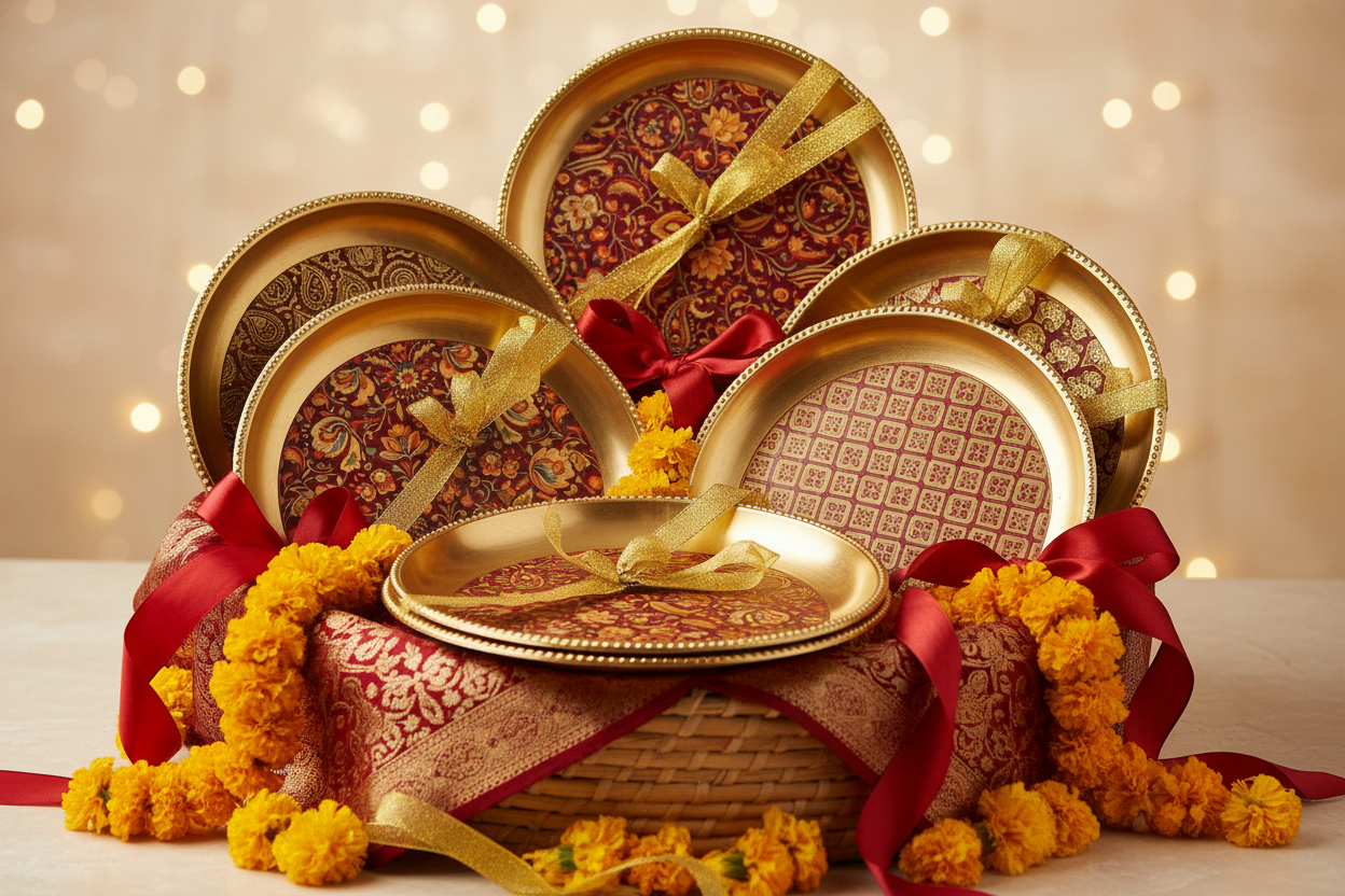 Printed Gold Plate Return Gifts at TheReturnGifts.com: Rich Plate, Ready Made for Photo Perfect Hampers