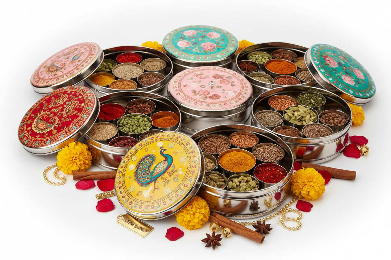 Printed Stainless Steel Spicebox Return Gifts at TheReturnGifts.com: Colourful, Useful and Perfect for Every Kitchen
