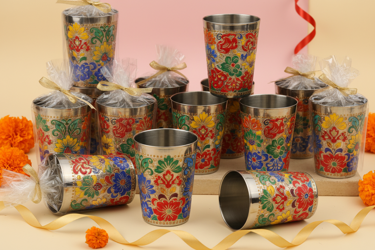 Printed Steel Glass Return Gifts at TheReturnGifts.com: Colourful, Unbreakable Favors Everyone Will Use Daily