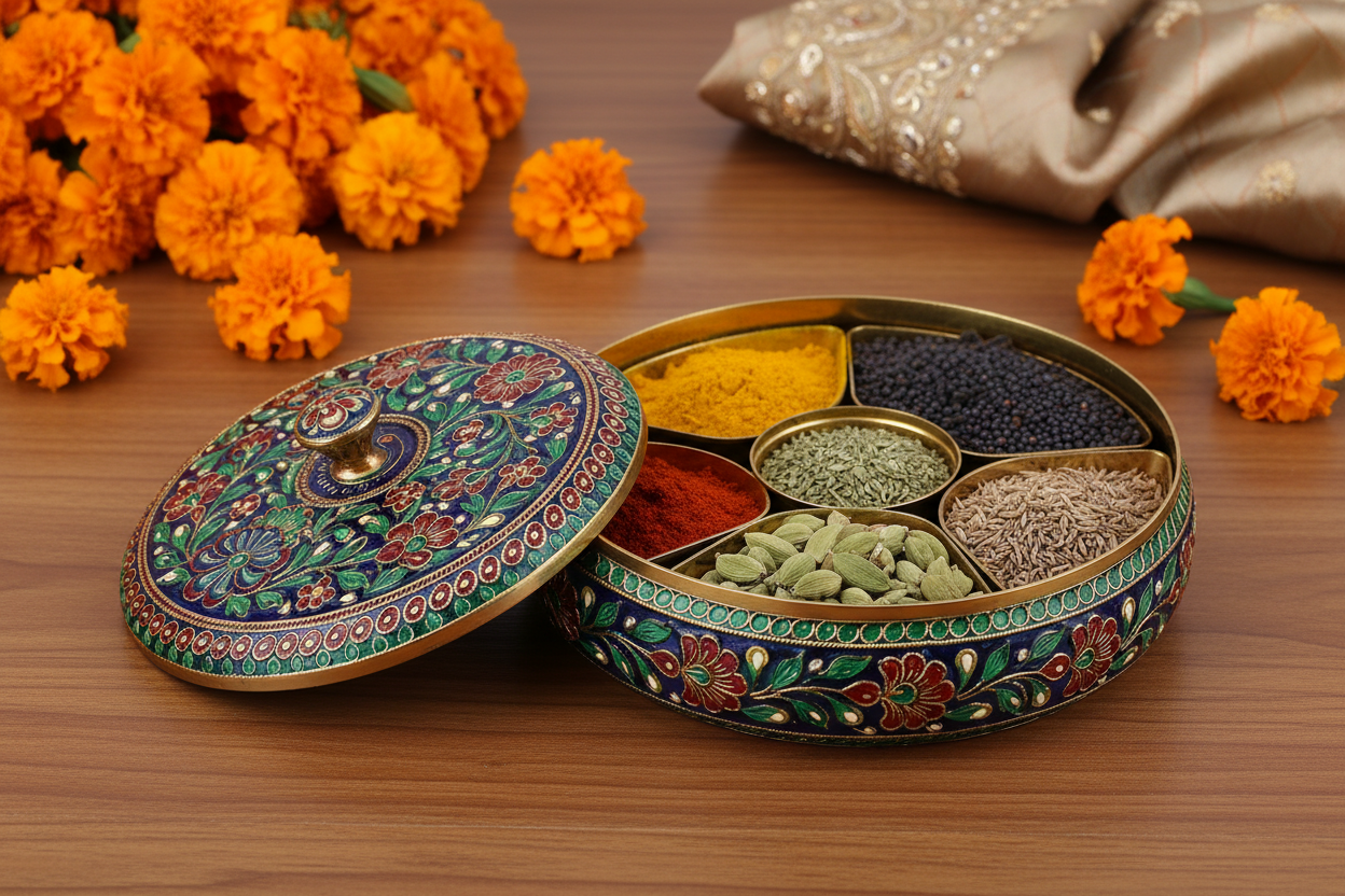 Round Meenakari Spice Box Return Gifts at TheReturnGifts.com: Colourful Art for Everyday Cooking