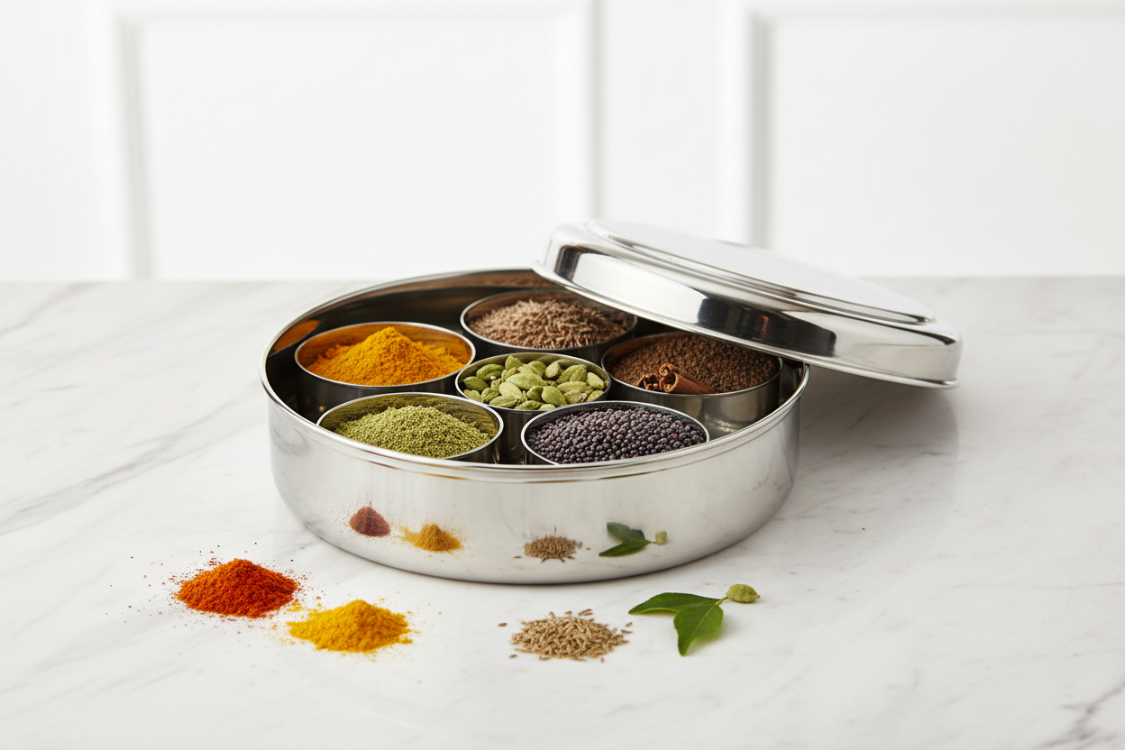 Stainless Steel Plain Spice Box Return Gifts at TheReturnGifts.com: Simple, Classy and Truly Useful in Every Indian Kitchen