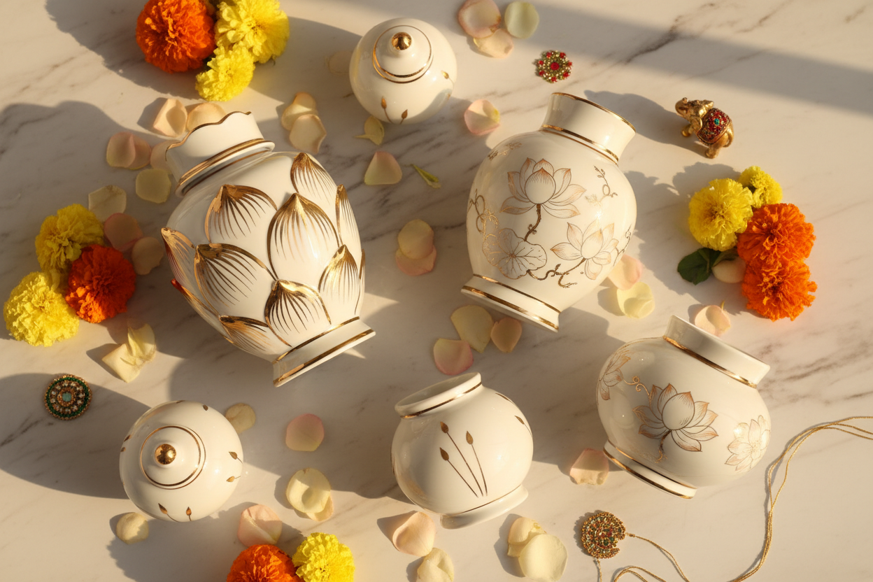 White & Gold Lotus Jars: Elegant Return Gifts for Weddings and Naming Ceremonies