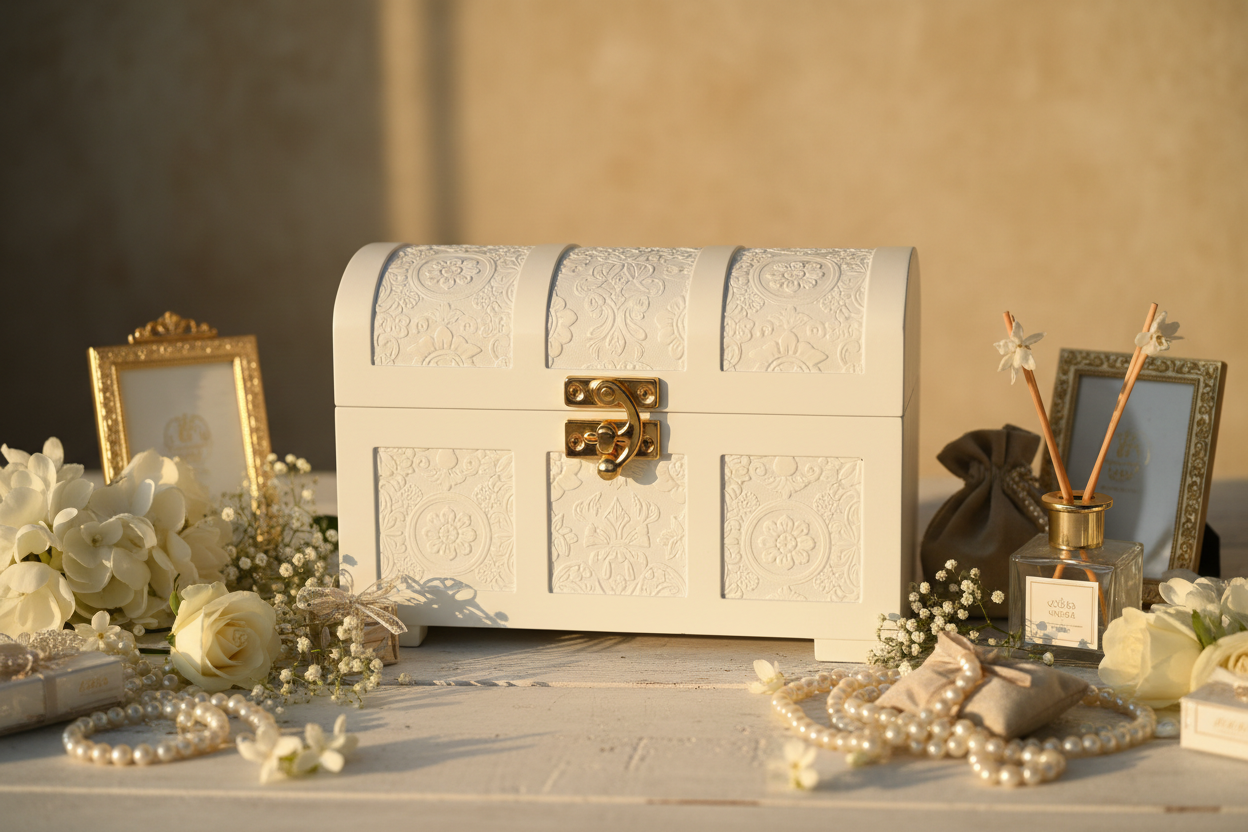 White Decorative Trunk Box Return Gifts at TheReturnGifts.com: Minimal, Premium and Perfect for Stylish Hampers