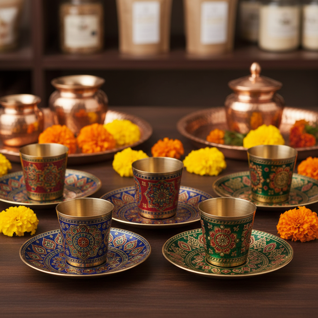 Printed Brass Dabara Set Return Gifts at TheReturnGifts.com: South Indian Tradition with a Colourful Twist