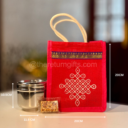 Stainless Steel Cookie Box + Peanut Chikki + Jute Bag