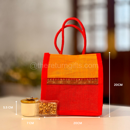 Decorative 2.5 Inch Jar + Peanut Chikki + Jute Bag