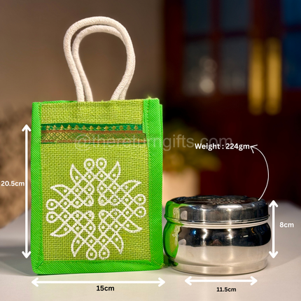 5inch Stainless Steel Box With Kolam Jute Bag