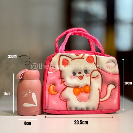3D Cartoon Cat Insulated Lunch Bag with Bunny Bottle - 330ml