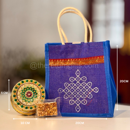 4 inch Meenakari box + Peanut Chikki + Jute Bag