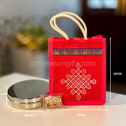 Stainless Steel Flat Box + Peanut Chikki + Jute Bag