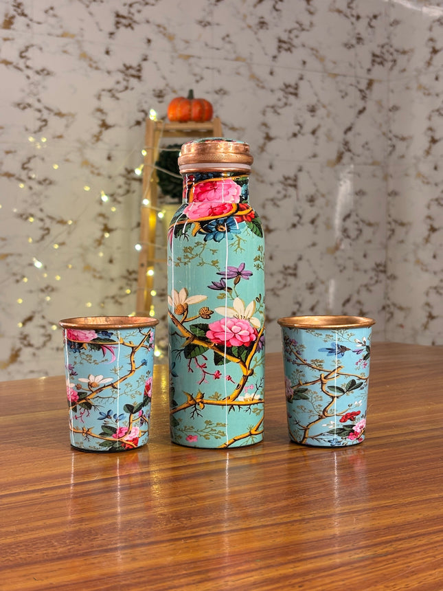 PRINTED COPPER BOTTLE & GLASS SET (10 pieces)