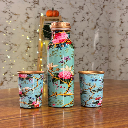 PRINTED COPPER BOTTLE & GLASS SET (10 pieces)