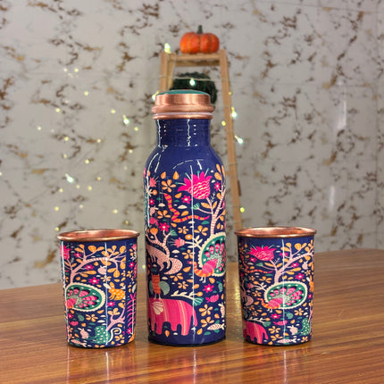 PRINTED COPPER BOTTLE & GLASS SET (10 pieces)
