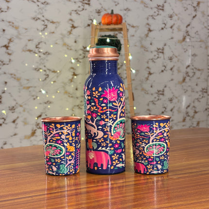 PRINTED COPPER BOTTLE & GLASS SET (10 pieces)