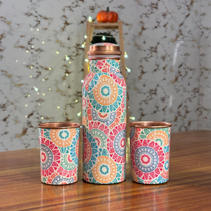 PRINTED COPPER BOTTLE & GLASS SET (10 pieces)