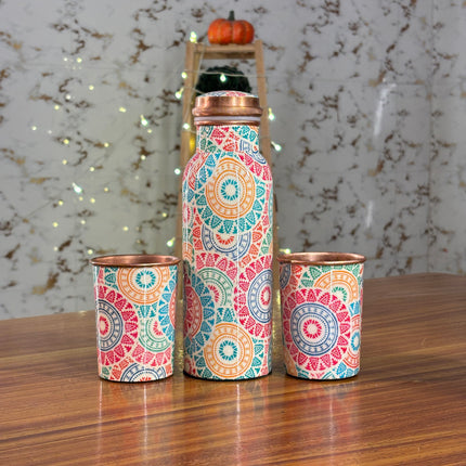 PRINTED COPPER BOTTLE & GLASS SET (10 pieces)