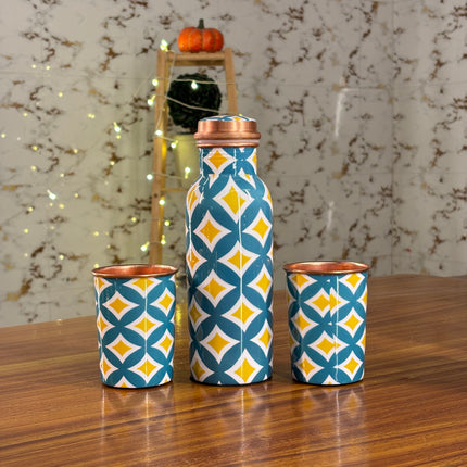 PRINTED COPPER BOTTLE & GLASS SET (10 pieces)