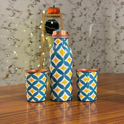PRINTED COPPER BOTTLE & GLASS SET (10 pieces)