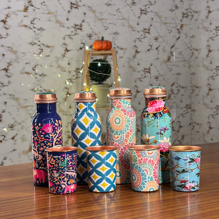 PRINTED COPPER BOTTLE & GLASS SET (10 pieces)