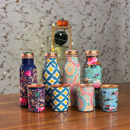 PRINTED COPPER BOTTLE & GLASS SET (10 pieces)