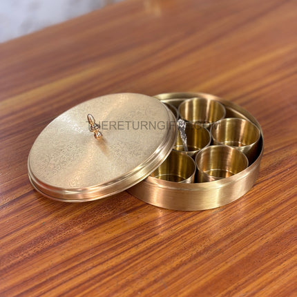 8" Brass Spice Box | TRG0134 | Traditional Brass Masala Dabba with 7 Compartments & Lid Under ₹2500 | Premium Spice Storage & Elegant Wedding / Housewarming Return Gift