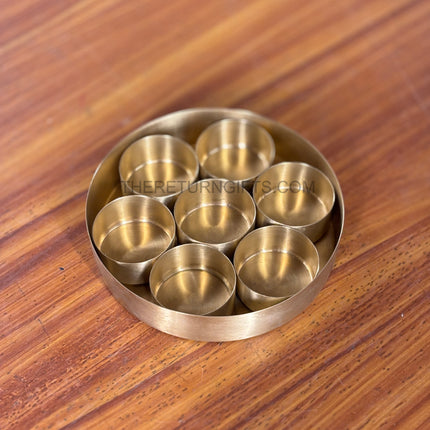 6 Inch Brass Spice Box | TRG0133 | 6" Round Brass Masala Dabba with 7 Containers & Spoon Under ₹1000 | Traditional Spice Box & Elegant Wedding Housewarming Return Gift