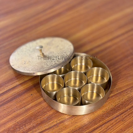 6 Inch Brass Spice Box | TRG0133 | 6" Round Brass Masala Dabba with 7 Containers & Spoon Under ₹1000 | Traditional Spice Box & Elegant Wedding Housewarming Return Gift