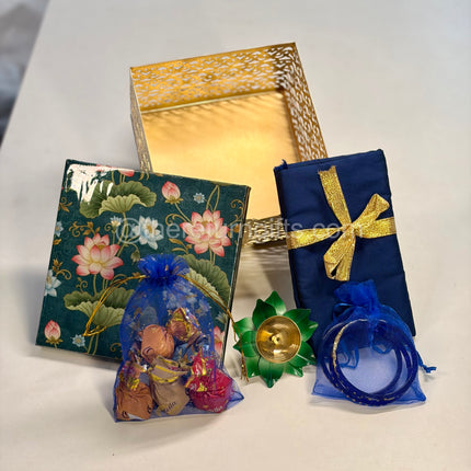 6inch Printed Square Box + Lotus Diya + Blouse Piece + Bangle Pouch + Chocolate Pouch
