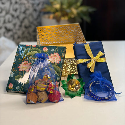 6inch Printed Square Box + Lotus Diya + Blouse Piece + Bangle Pouch + Chocolate Pouch