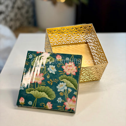 6inch Printed Square Box + Lotus Diya + Blouse Piece + Bangle Pouch + Chocolate Pouch