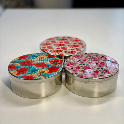 Printed Stainless Steel Tiffen Box + Kalamkari Jute Bag with Chocolate Pouch