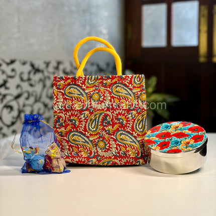 Printed Stainless Steel Tiffen Box + Kalamkari Jute Bag with Chocolate Pouch