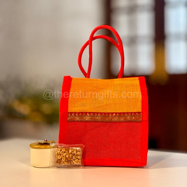 Decorative 2.5 Inch Jar + Peanut Chikki + Jute Bag